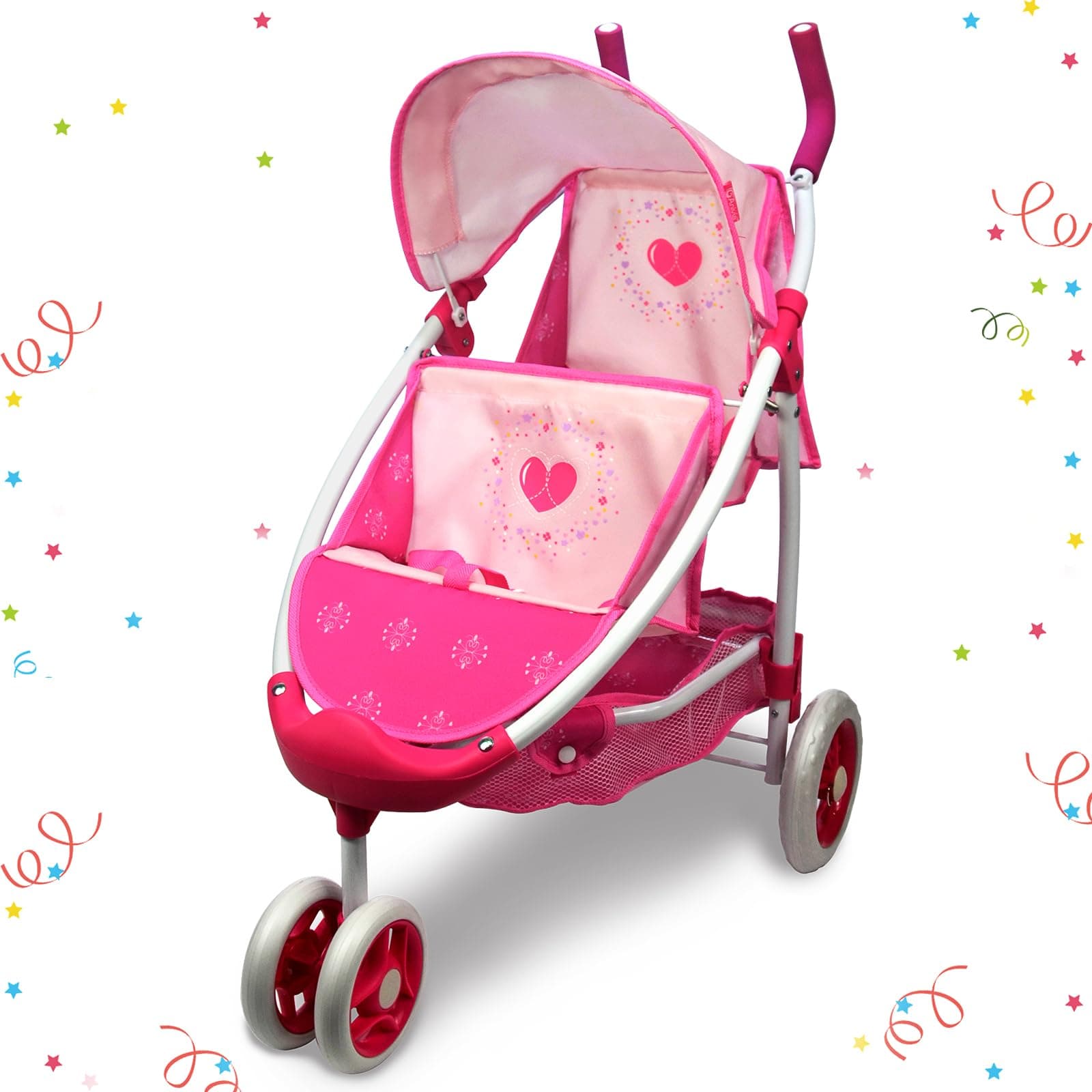 ANIVIA Twin Doll Stroller Heart Design, 1:1 Foldable Double Doll Pram, Suitable for Ages 3+, Dolls Up to 36cm, Pink, DA601T Black