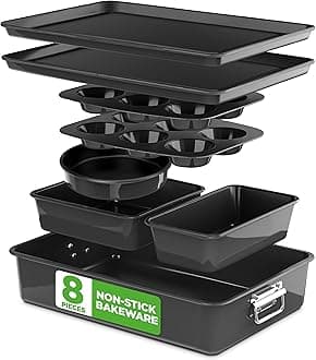 NutriChef Baking Tray Set, 8-Piece Non-Stick Oven Bakeware, Stackable Trays with Cookie, Loaf, Pizza, Muffin, Cake, Round, Square Pans, Durable Kitchen Set
