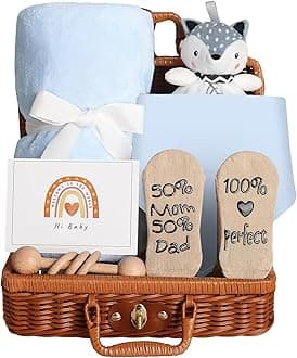 Baby Gift Basket, Newborn Gift Set with Baby Rattle, Newborn Baby Gift Set, Newborn Baby Gifts, Medium Baby Gift Basket Kit for Expecting Moms(BLUE)