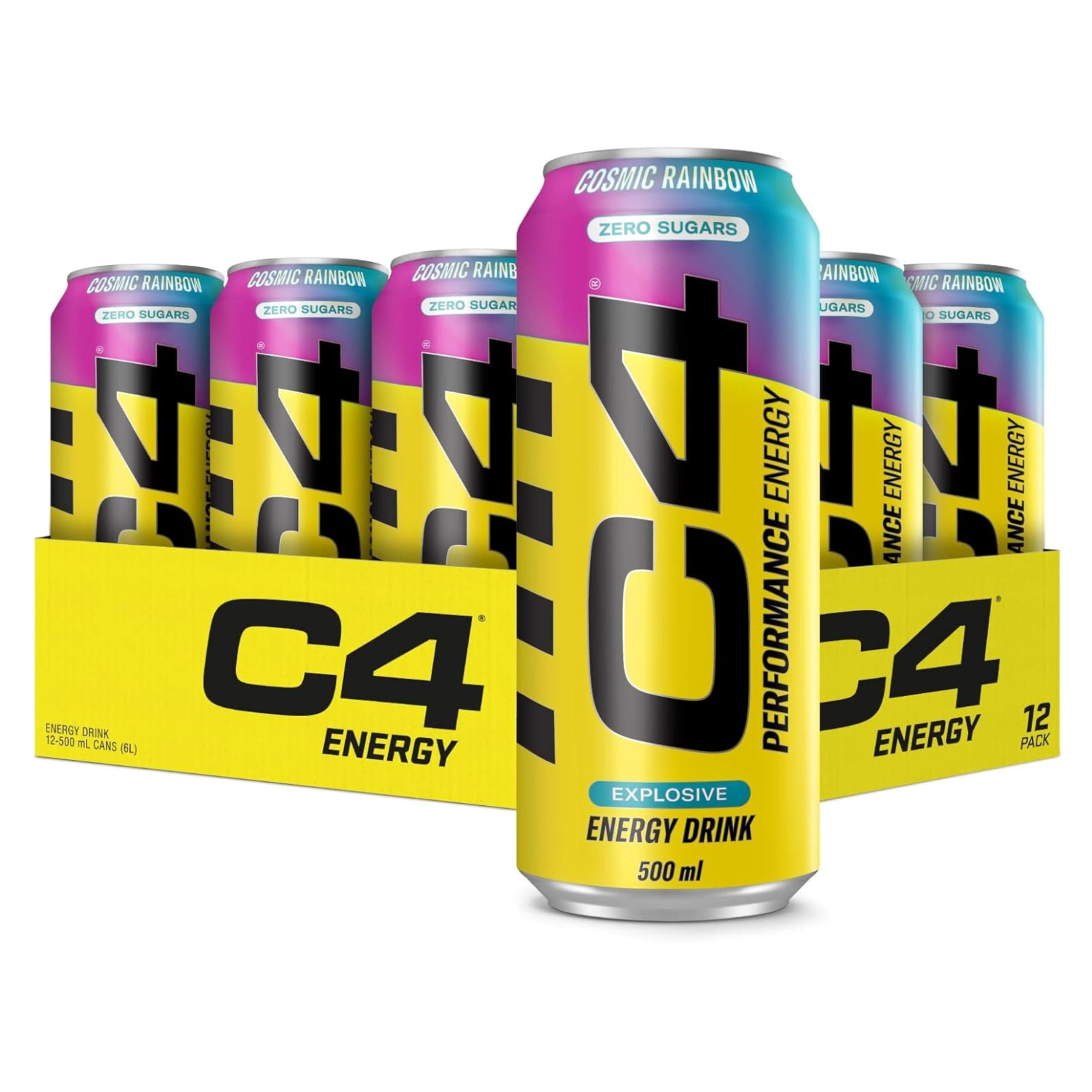 Cellucor C4 Performance Energy Pre-Workout Carbonated Drink with Beta-Alanine, Zero Sugar, Cosmic Rainbow Flavor, 500ml Pack of 12