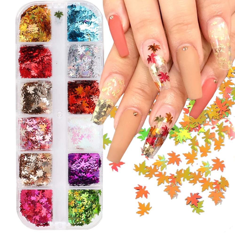 12 Colors Fall Nail Art Glitters Maple Leaf Nail Sequins, 3D Laser Autumn Leaf Shape Flakes Holographic Gold Red Maple Leaves Paillettes Designs for Nails Gel Polish Supplies Manicure Tips Decorations