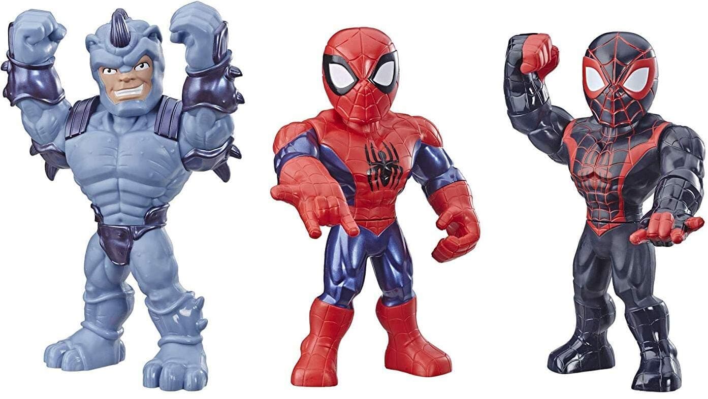 Playskool Heroes Mega Mighties Marvel Super Hero Adventures Web Warriors 3 Pack, Spider-Man, Kid Arachnid, Marvel’s Rhino, 10" Figures, Kids Ages 3 & Up