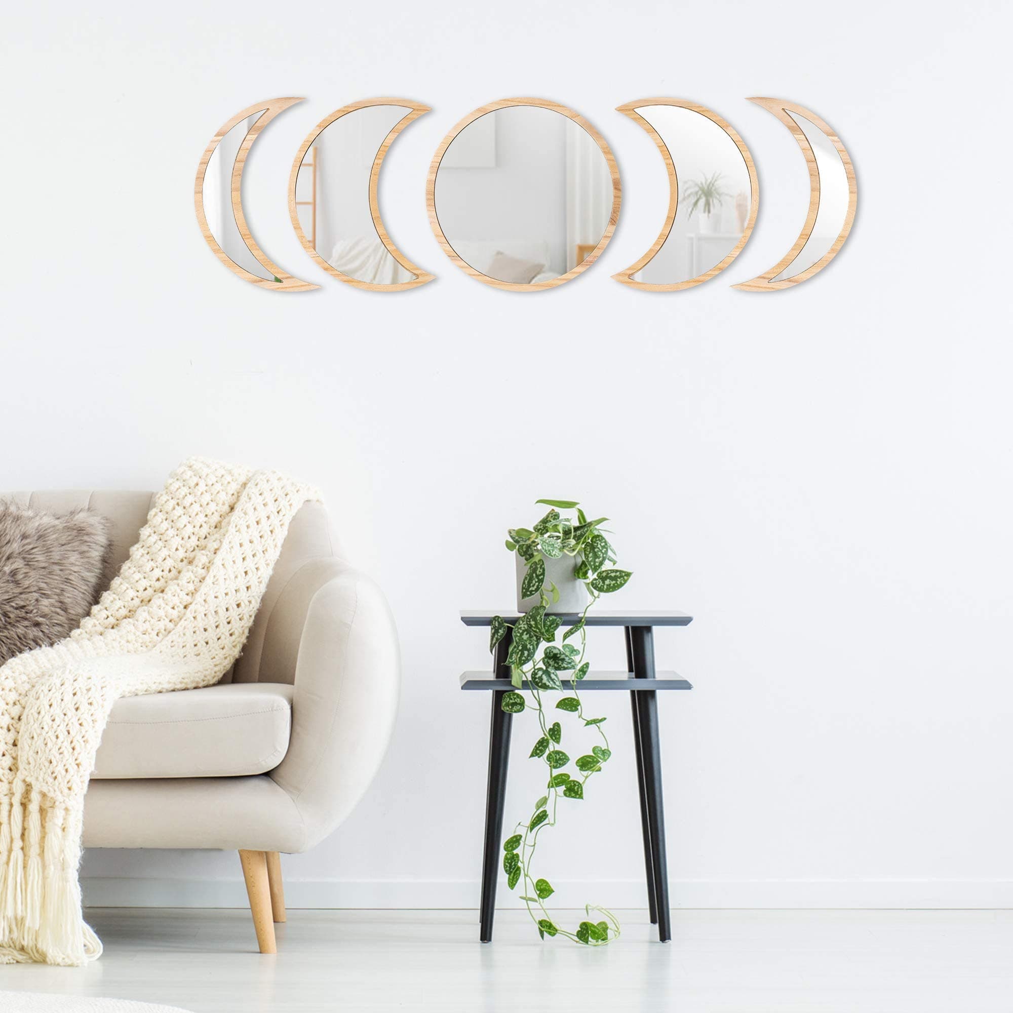 MI & HER - Boho Moon Phase Mirror Set Glass - Real Glass Mirror - Wood Frame - Premium Quality - Gothic Mirror, Scrying Mirror. Includes Hardware. Easy to Mount. (Natural)