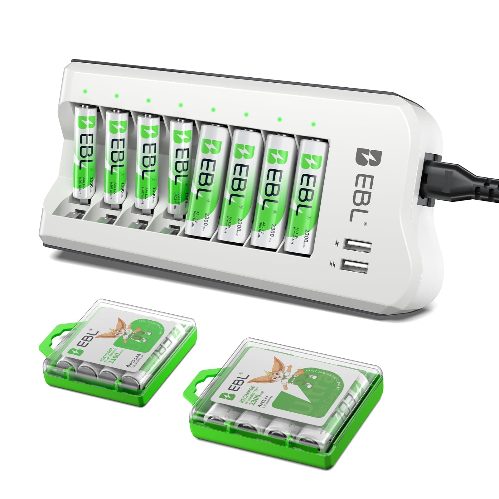 EBL AA 2300mAh (8 Pack) and AAA 1100mAh (8 Pack) Ni-MH Rechargeable Batteries and AA AAA Rechargeable Battery Charger with 2 USB Charging Ports
