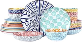 Selamica Ceramic Dinnerware Sets for 6, 24 Piece Plates and Bowls Sets, Highly Chip and Crack Resistant Dishes Set-Dishwasher & Microwave & Oven Safe, Assorted Colors