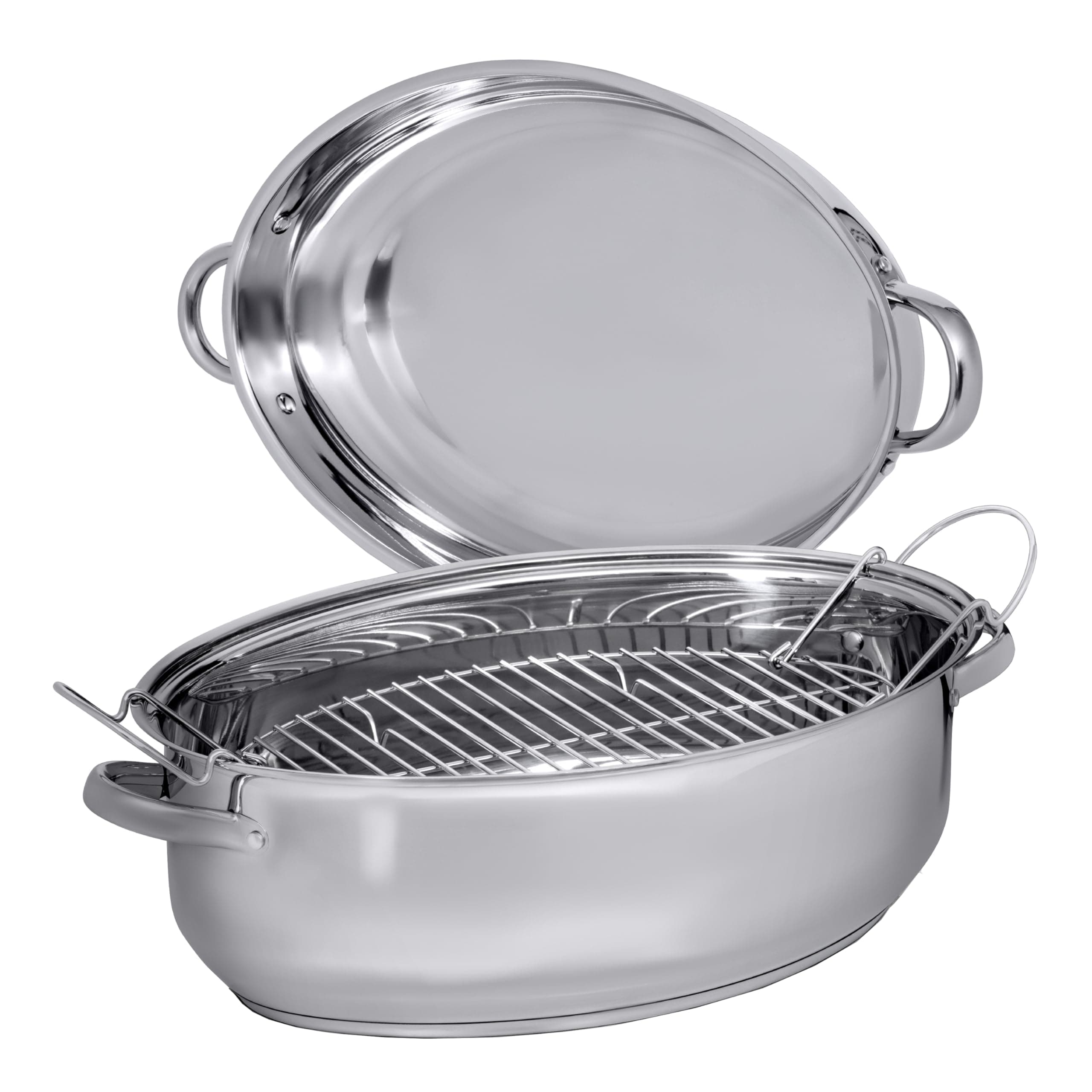 Precise Heat Roasting Pan with Rack and Lid, T304 Stainless Steel Multi-Use Oval Dutch Oven, 18 Inch, 14 Quart