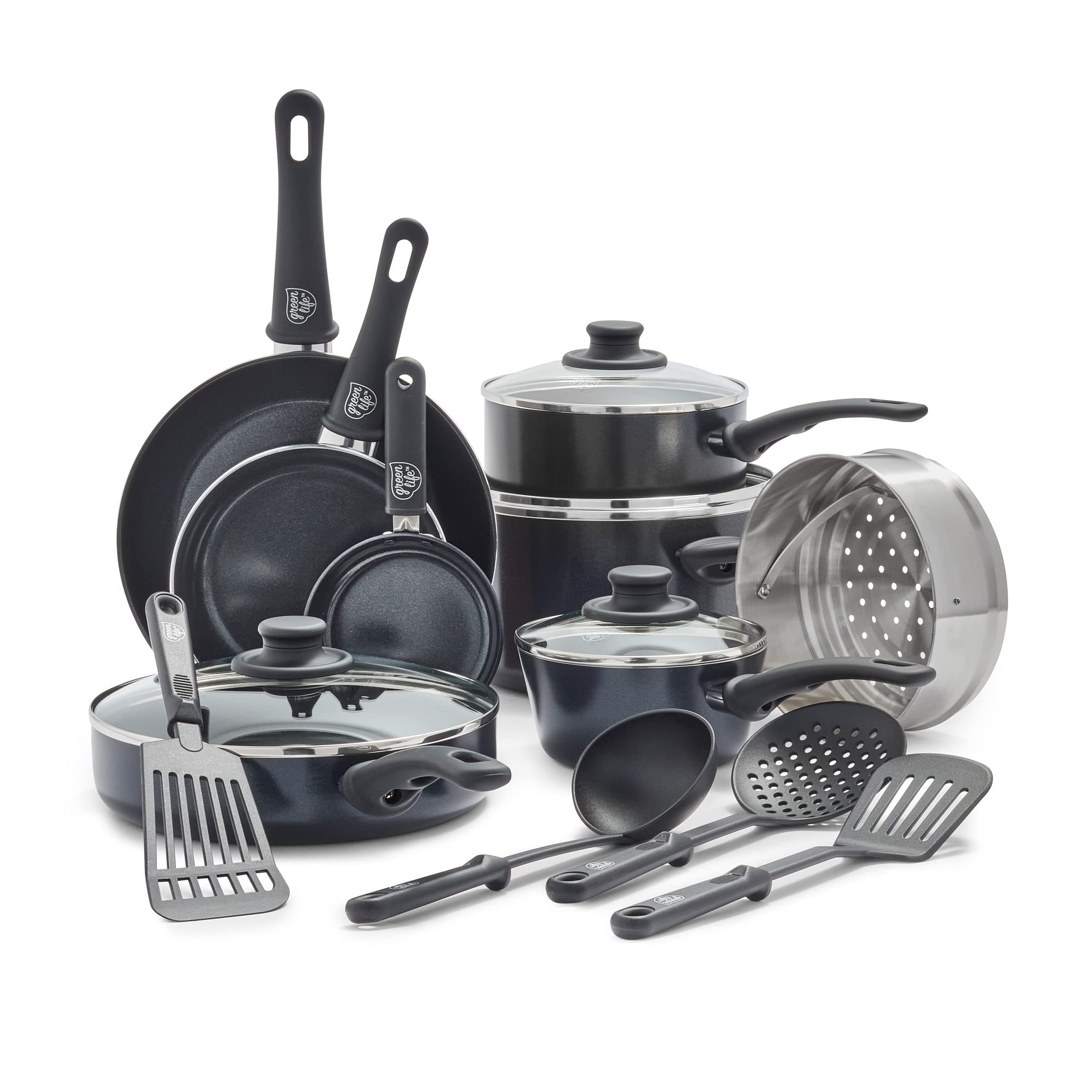 GreenLife Soft Grip Ceramic Non-Stick Cookware Set 16-Piece black CC001922-001