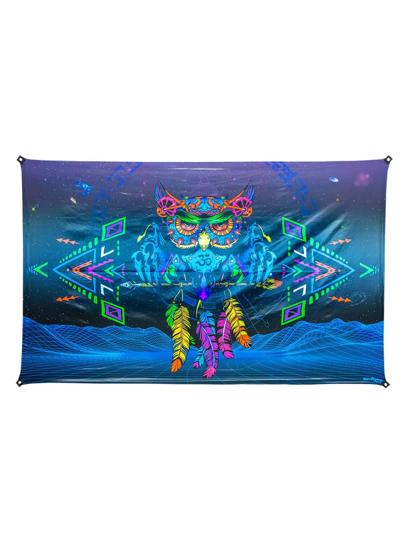 PSYWORK Black Light Mesh Banner Neon Sentymo Owl, 1.47 x 2.42 m