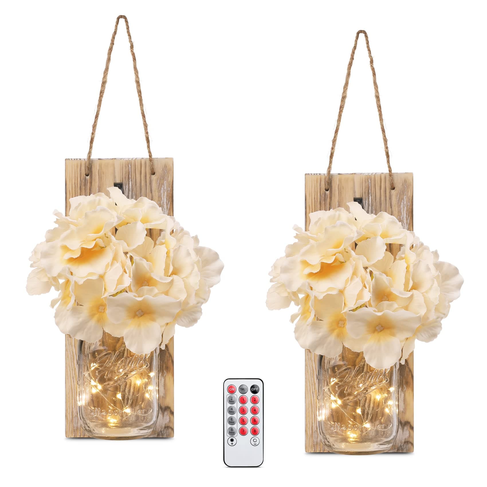 HOMKO Decorative Mason Jar Decorations with 6-Hour Timer LED Fairy Lights and Flowers - Rustic Home Decor (Set of 2)