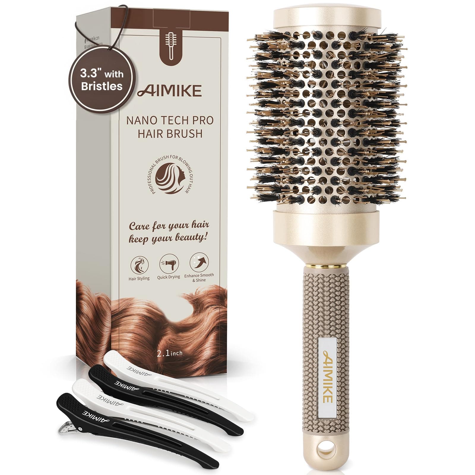 Round Hair Brush, Nano Thermal Ceramic & Ionic Tech, 2.1 Inch Barrel with Boar Bristles for Enhanced Texture, Golden, Hair Drying, Styling, Curling and Shine + 4 Free Clips