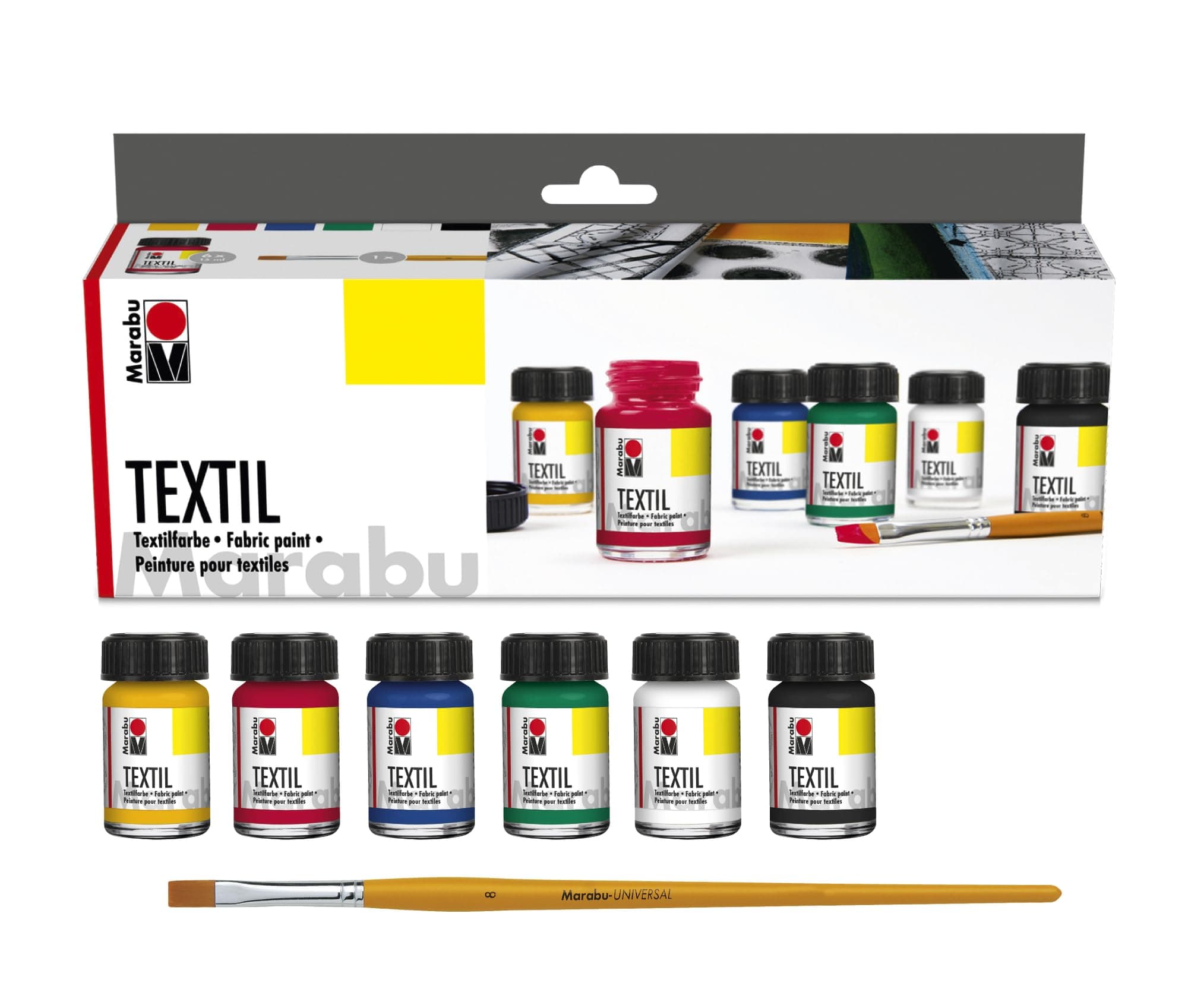 Textil Starter Fabric Paint, Medium Yellow, Carmine Red, Medium Blue, Light Green, White, Black, (021, 032, 052, 062, 070, 073), Single Set, For Fabric Painting, Printing Of Coloured Fabrics