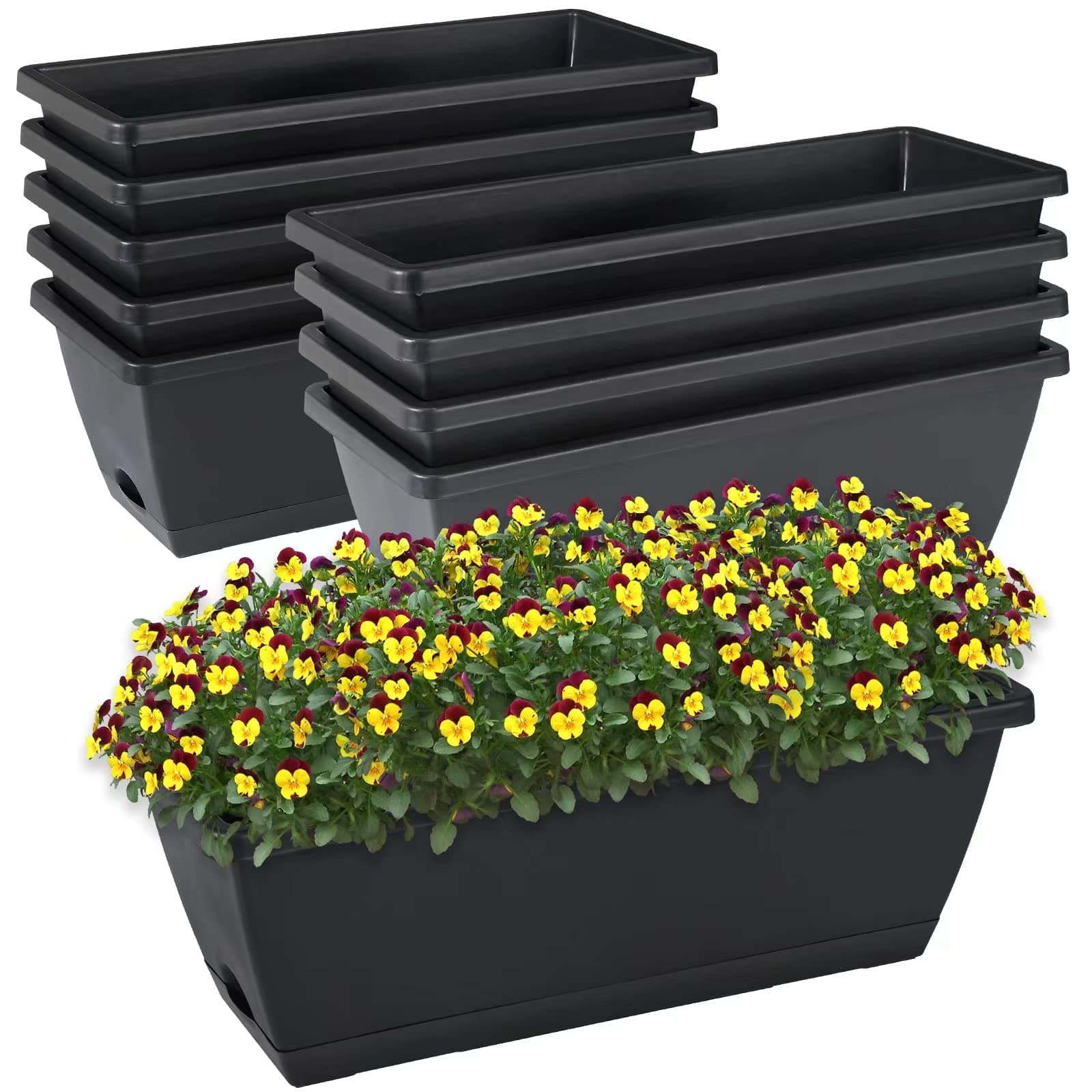 Window Box Planter, 10 Pack Plastic Vegetable Flower Planters Boxes 17 Inches Rectangular Flower Pots with Saucers for Indoor Outdoor Garden, Patio, Home Decor (Black)