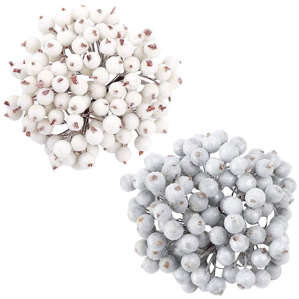 Pack of 240 Pieces Artificial Frosted Holly Berries, White and Silver Mini Glitter Christmas Frosted Fruit Berry Decoration for Festival Wedding DIY Artificial Berry Flower for Home