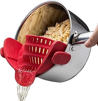 Snap N' Strain - Silicone Clip-On Colander, Heat Resistant Drainer for Vegetables and Pasta Noodles, Kitchen Gadgets for Bowl, Pots, and Pans - Essential Home Cooking Tools - Red