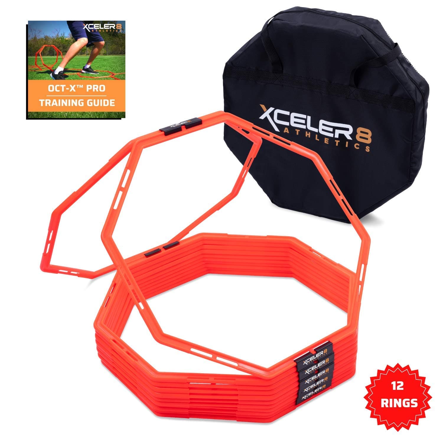 OCT-X PRO 12 Octagon 24" Agility Rings / Agility Grid Training for Foot Speed, Vertical Jumping, Soccer, Football, Baseball, Basketball / Exercise Ladder Training Set / Drill Guide & E-Book