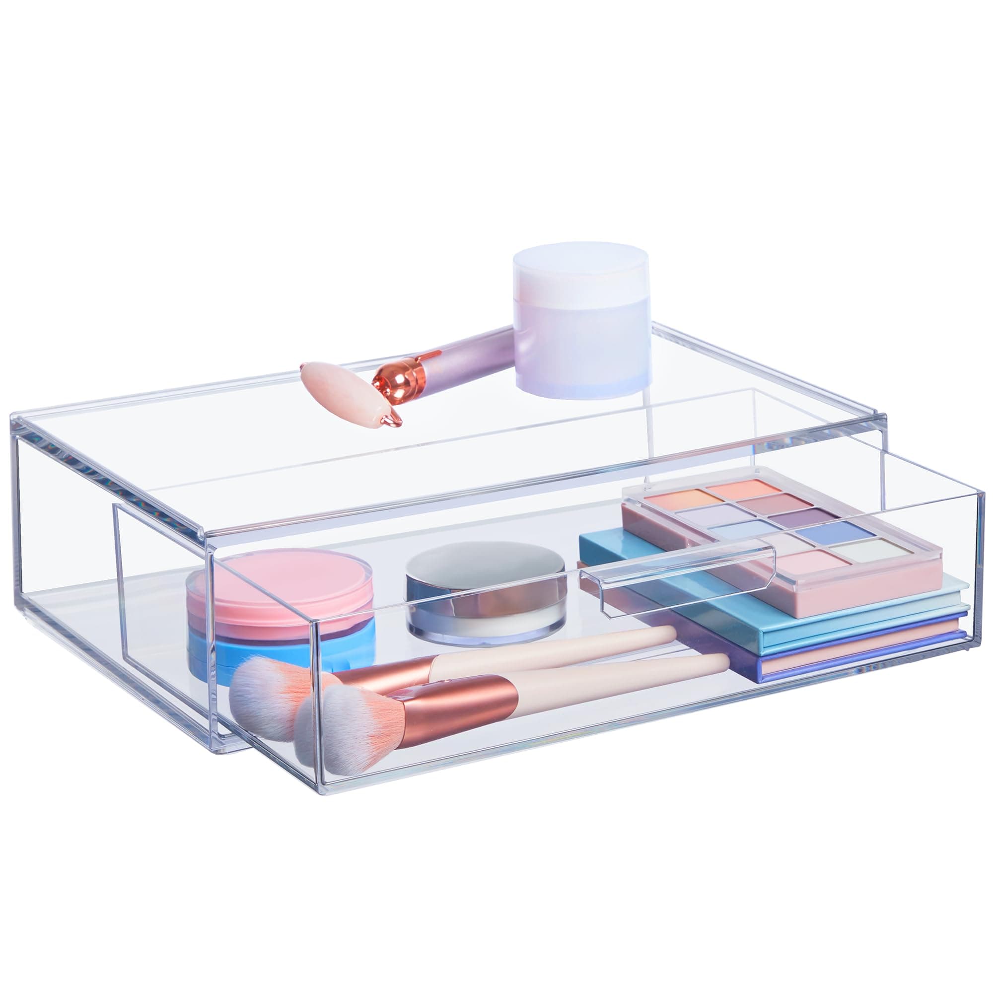 Audrey Stackable Clear Bin Plastic Organizer Drawer | Organize Eyeshadow Palettes, Cosmetics, and Beauty Supplies on a Vanity | Made in USA