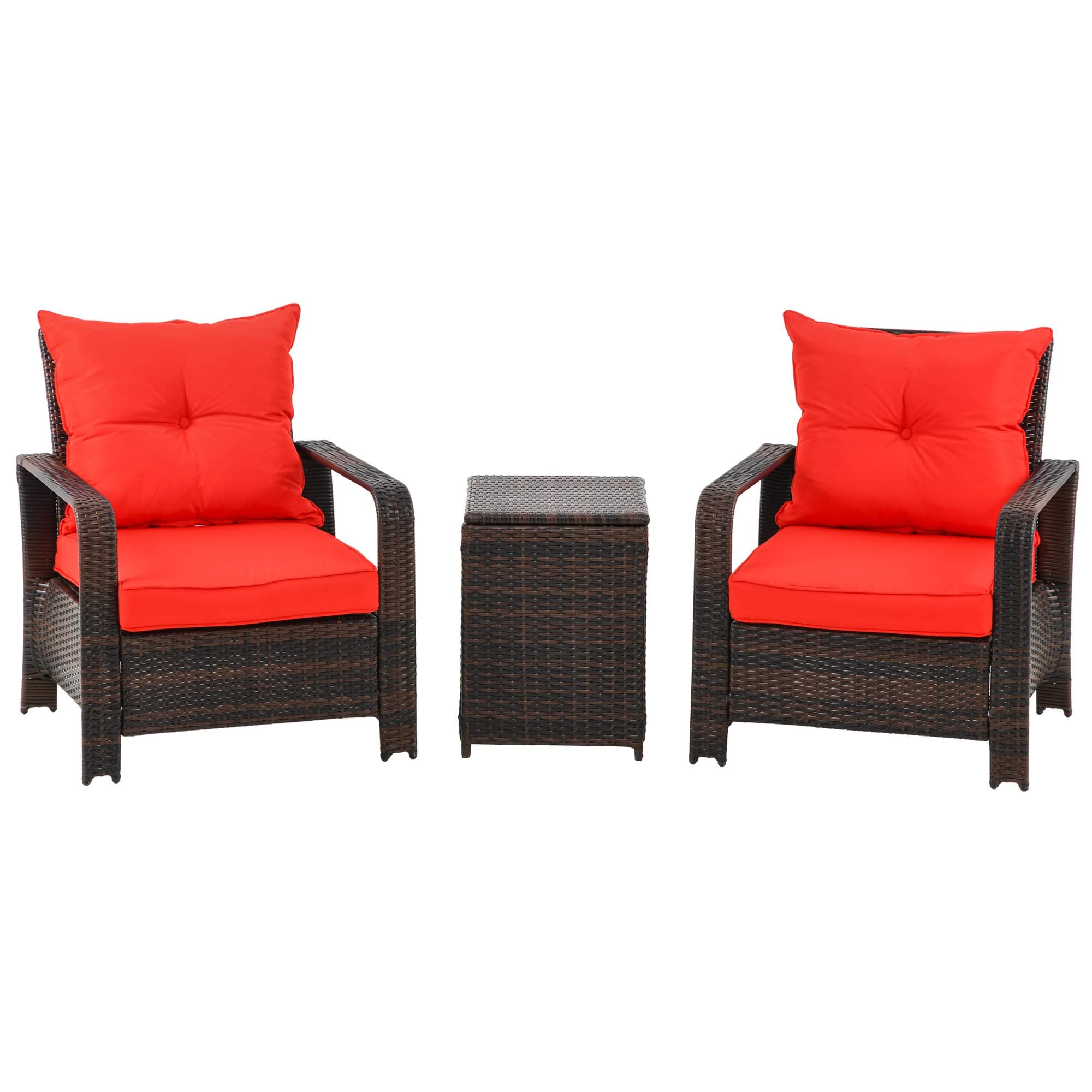 Outsunny 3 PCS Rattan Wicker Bistro Set with Storage Table, Patio Furniture Set Outdoor Sofa Set with Washable Cushion, Coversation Set for Garden Balcony Porch, Red