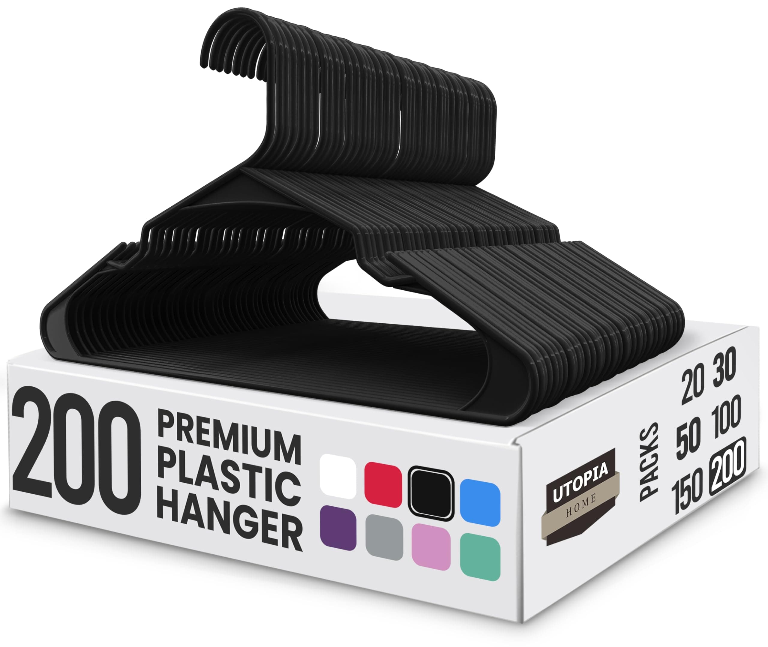 Plastic Hangers 200 Pack - Perfect Space Saving Clothes Hanger - Durable and Strong - Perfect Closet Organizers with Shoulder Grooves (Black)
