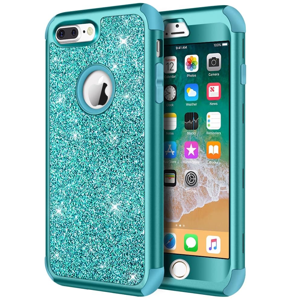 Hython Designed for 8 Plus / 7 Plus Case, Heavy Duty Defender Protective Bling Glitter Sparkle Hard Shell Hybrid Shockproof Rubber Bumper Cover for 7 Plus and 8 Plus, Teal