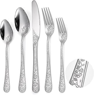 Floral Silverware Set 6 Silvery Flatware Stainless Steel with Delicate Engraved Rose Flower Embossed Design Complete 30 Piece Cutlery for Restaurant Utensils Home Kitchen Daily Use
