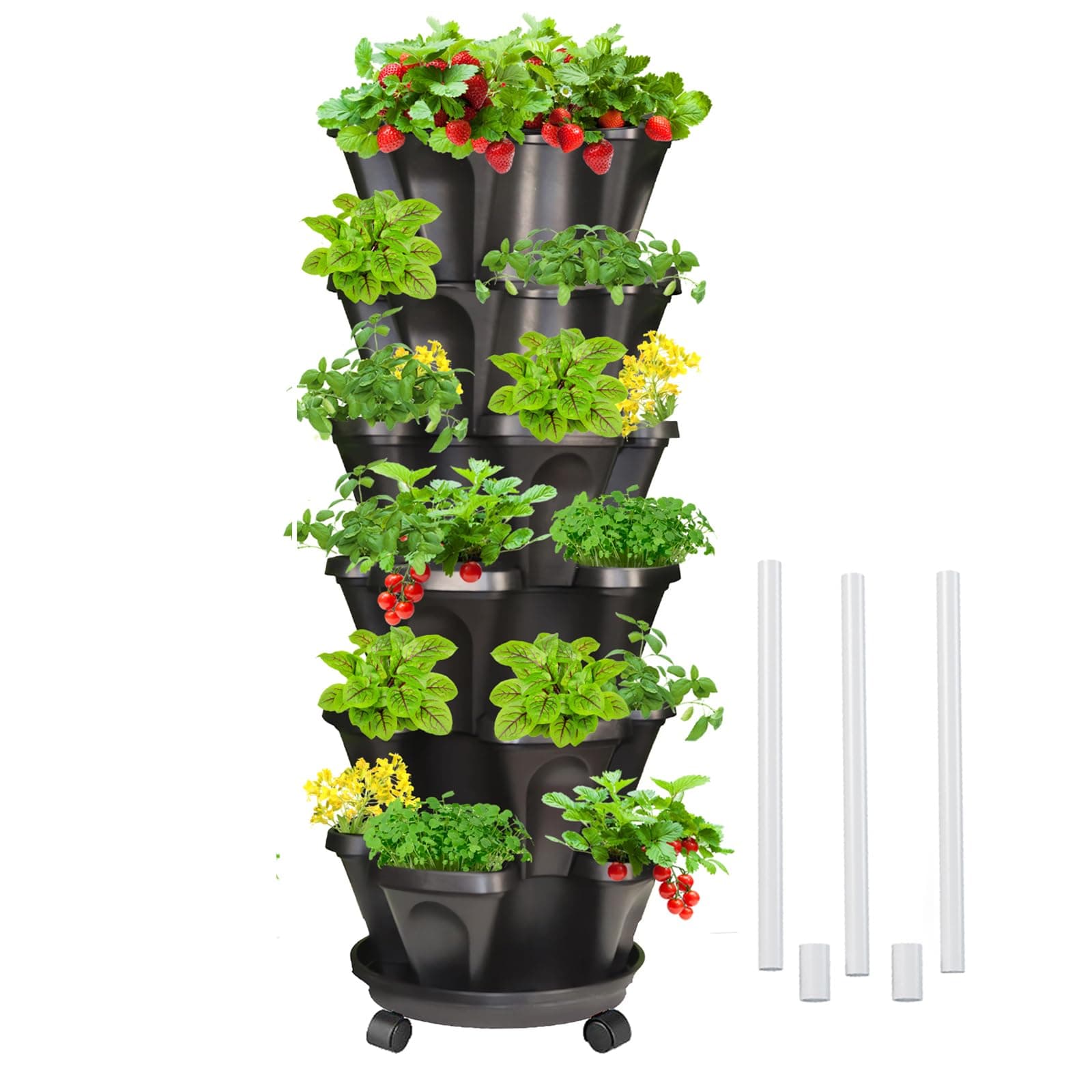 6 Tiered Strawberry Planters, Vertical Garden Tower, Stacking Planter with Support Pole, Stackable Herb Vegetable Planters Indoor and Outdoor - Black
