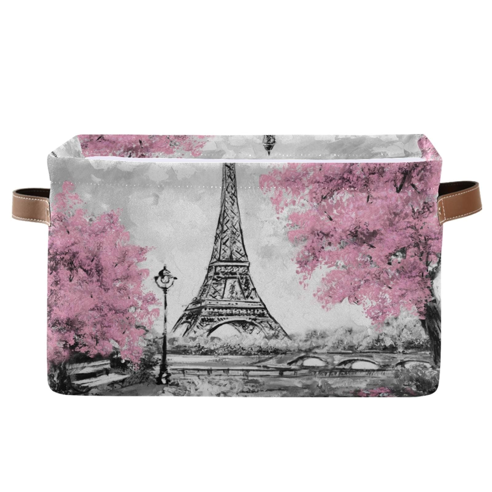 DAOXIANG Vintage Paris Eiffel Tower and Pink Tree Themed Square Storage Basket, Foldable, with Leather Handles,for Home, School and Office 15 X 11 X 9.5 in X 1