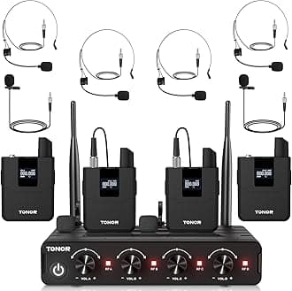 TONOR UHF Microphone Wireless Set with 4 Bodypack Transmitter/Headset/Lavalier Wireless Microphone, 4 x 5 Frequencies, 60 m Range, Wireless Microphone for Vocals, Karaoke, Church, DJ, PA System