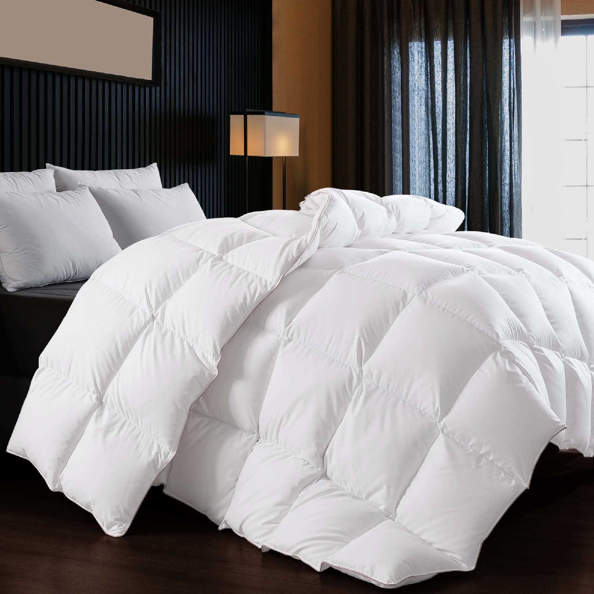WhatsBedding Fluffy White Goose Feather Down Comforter Oversize King All Season 100% Cotton Down Duvet Insert Luxury Hotel Collection, 4 Corner Tabs, 120x98 in