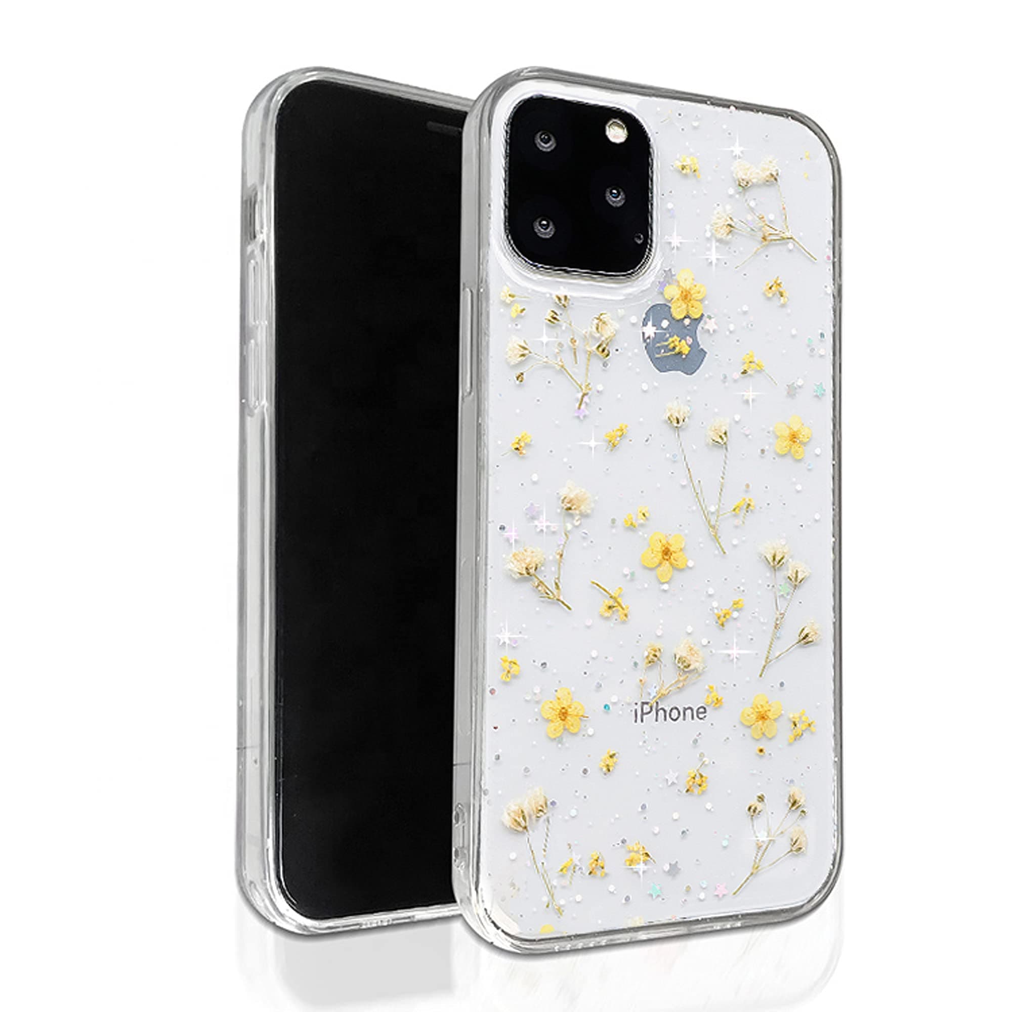 Feibili Compatible with iPhone 11 Pro Max Flower Case, Soft Clear Flexible Rubber Pressed Dry Real Flowers Case Girls Glitter Floral Cover for iPhone 11 Pro Max （Yellow ）