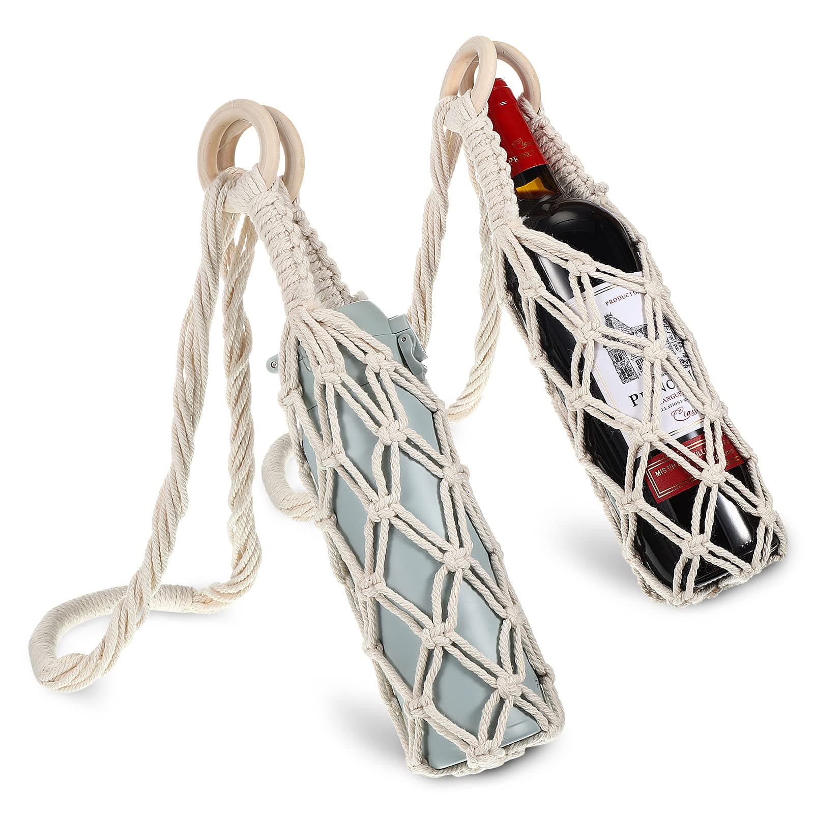 2 Piece Macrame Water Bottle Holder with Strap Cotton Water Bottle Carrier Cross Body Macrame Bottle Bag for Hiking Cycling(29 Inch)