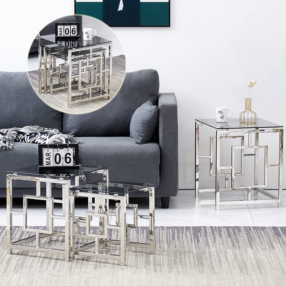 ZOONFA Nest of 3 Coffee Table Nesting Table Modern Design Sofa Side Corner End Lamp Table Small Square Nesting Tables for Living Room