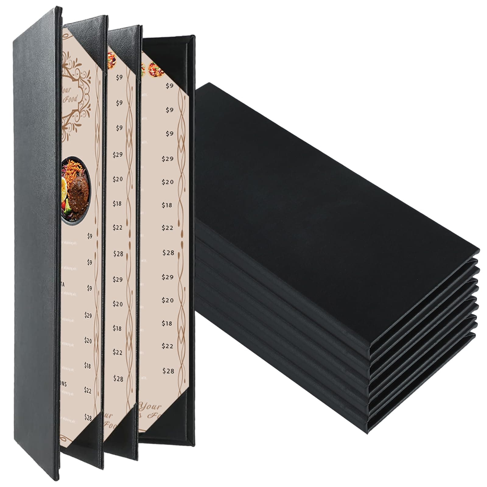 Restaurant Menu Covers Holders 4.25" x 11" | Pack of 5 Synthetic Leather Quad Fold Panels 6 View Angled Corners Black for Wine List, Drinks (5, Quad Fold Panels 6 View (4.25 x 11 inch))
