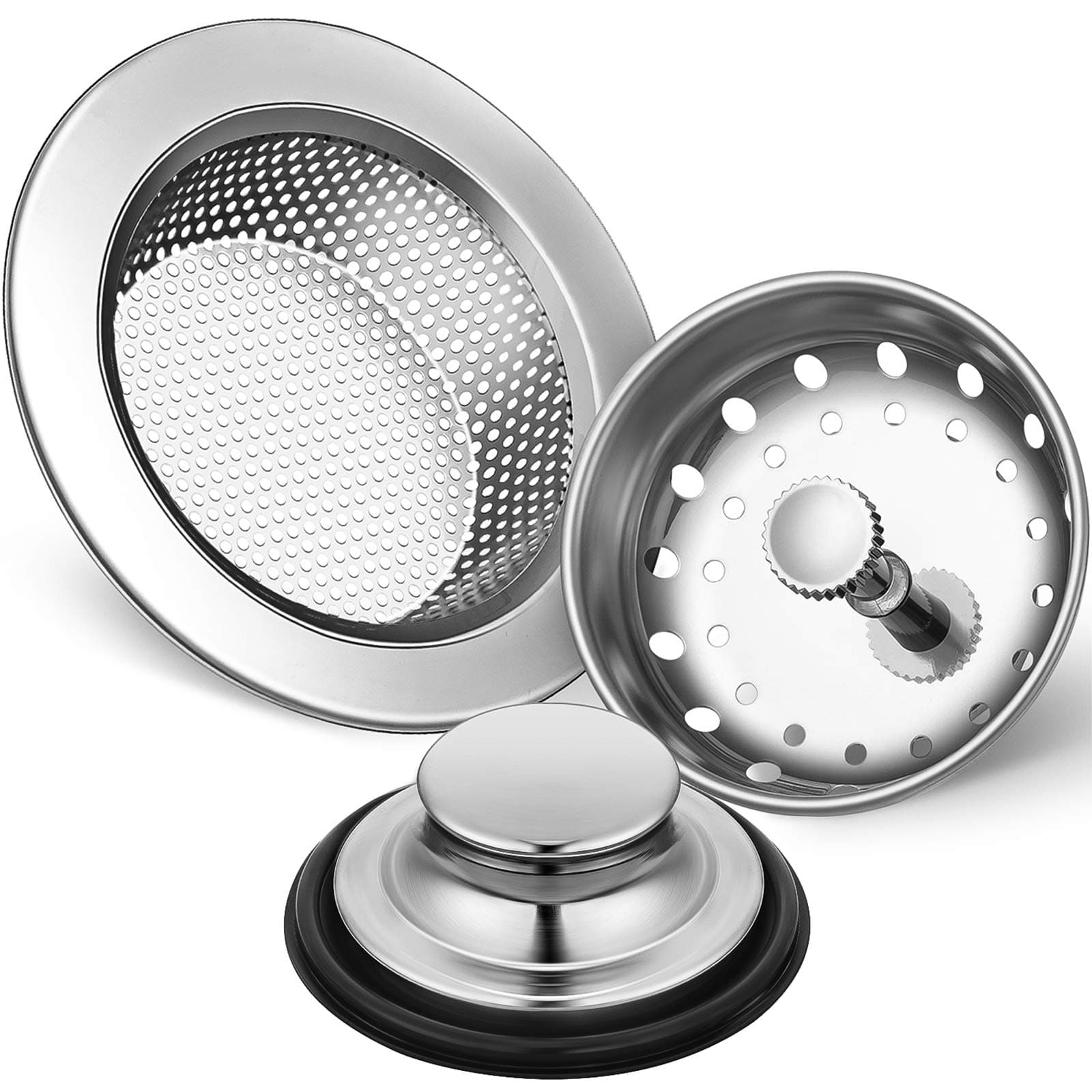 Mudder 3 Pcs Kitchen Sink Drain Strainer and Stopper Stainless Steel Garbage Disposal Plug with Handle Universal Anti-Clogging Kitchen Sink Filter Sieve Basket Strainer(Silver)