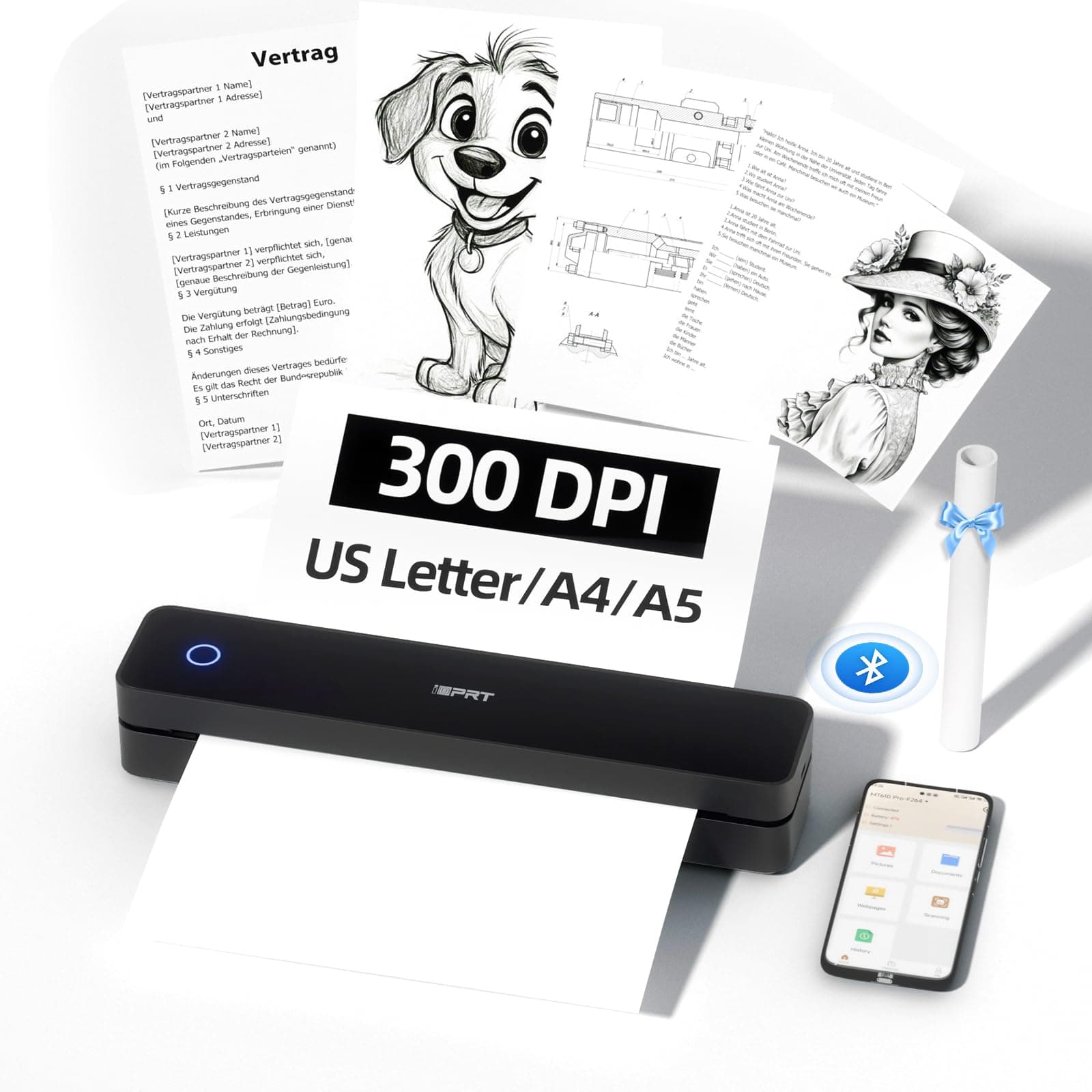 Portable Thermal Printer A4 Inkless Wireless Printer for Travel Bluetooth 300 DPI Compatible with Phone&Laptop, Small Mobile Receipt Printer for Home Use, Office,School,Black