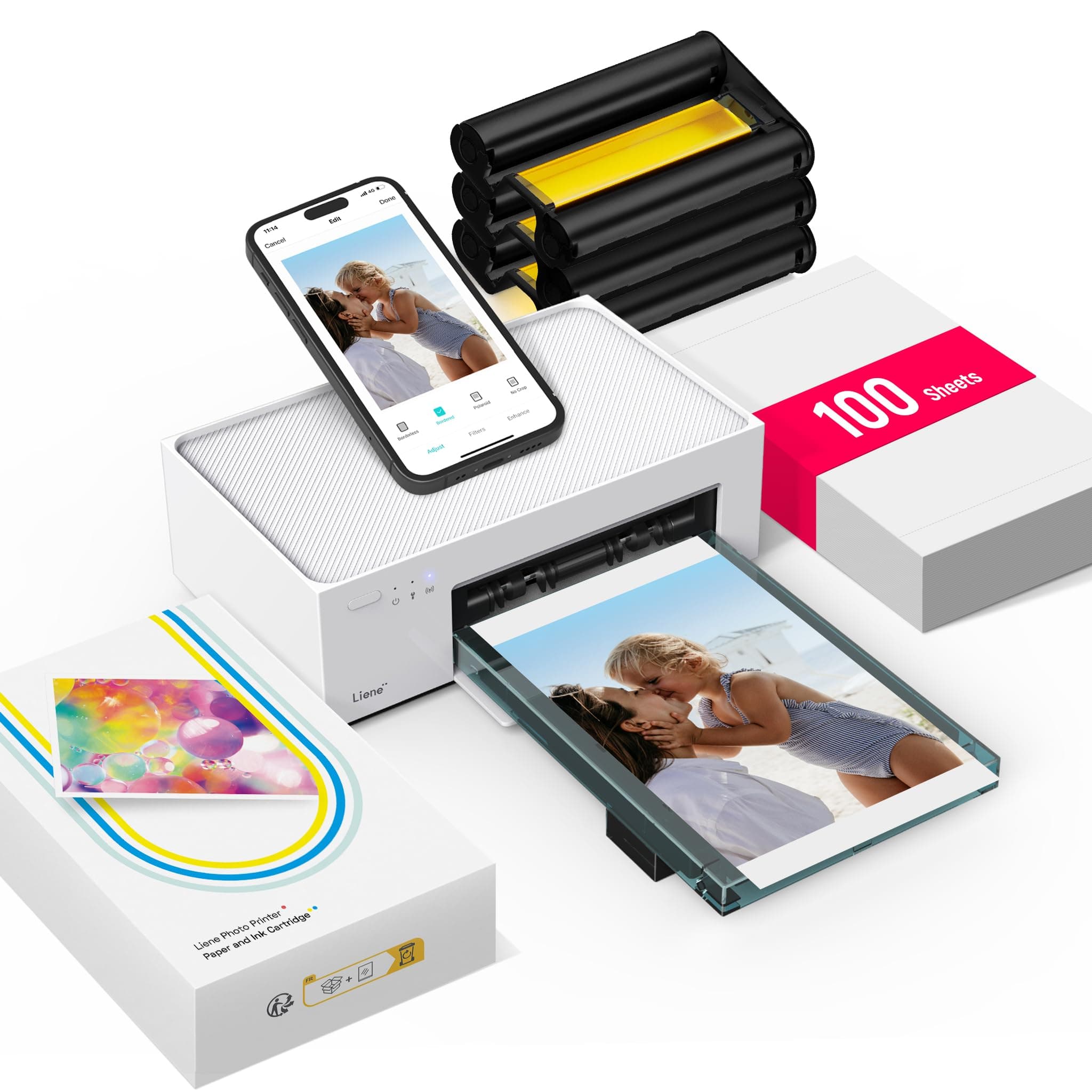 Liene 4x6'' Photo Printer, Portable Instant Printer for iPhone (100 Sheets), Full-Color, Thermal Dye Sublimation, Wi-Fi Picture Printer With 100 Sheets Paper & 3 Cartridges
