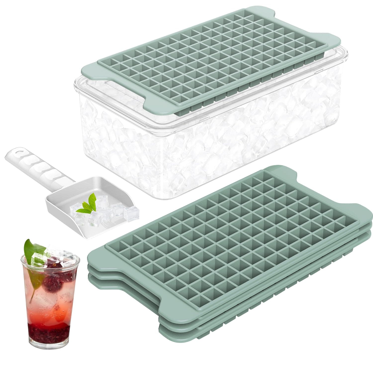 MIni Ice Cube Tray for Freezer with Lid and Bin, Easy Release Small Ice Cube Trays 4 Pack Nugget ice tray, Crushed Ice Cube Trays with Container for Chilling Cocktail Tea Coffee