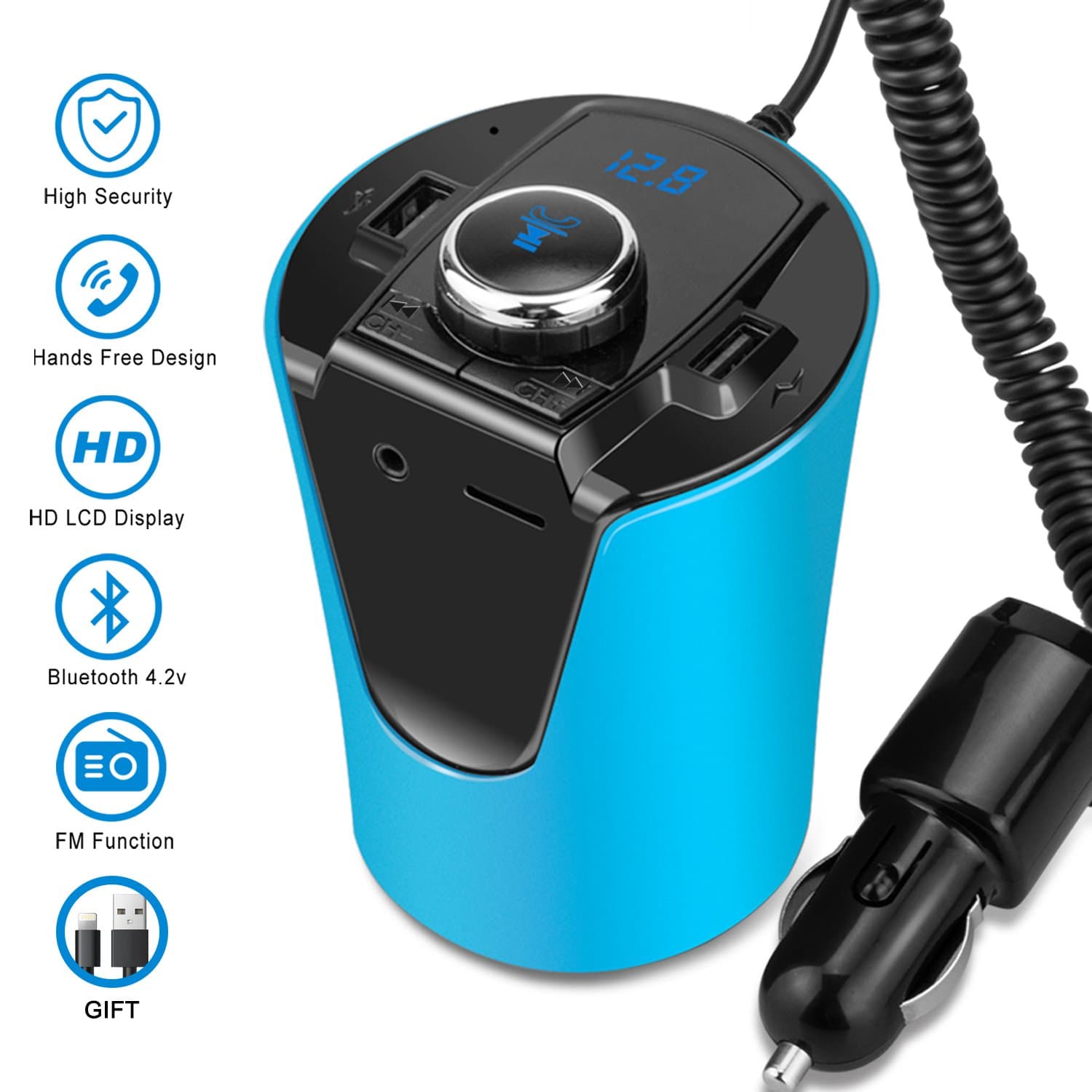 Car FM Transmitter, LUTU Universal Cup Design Bluetooth Car Charger 2-Port USB Charging LCD Display Car Kit - Blue