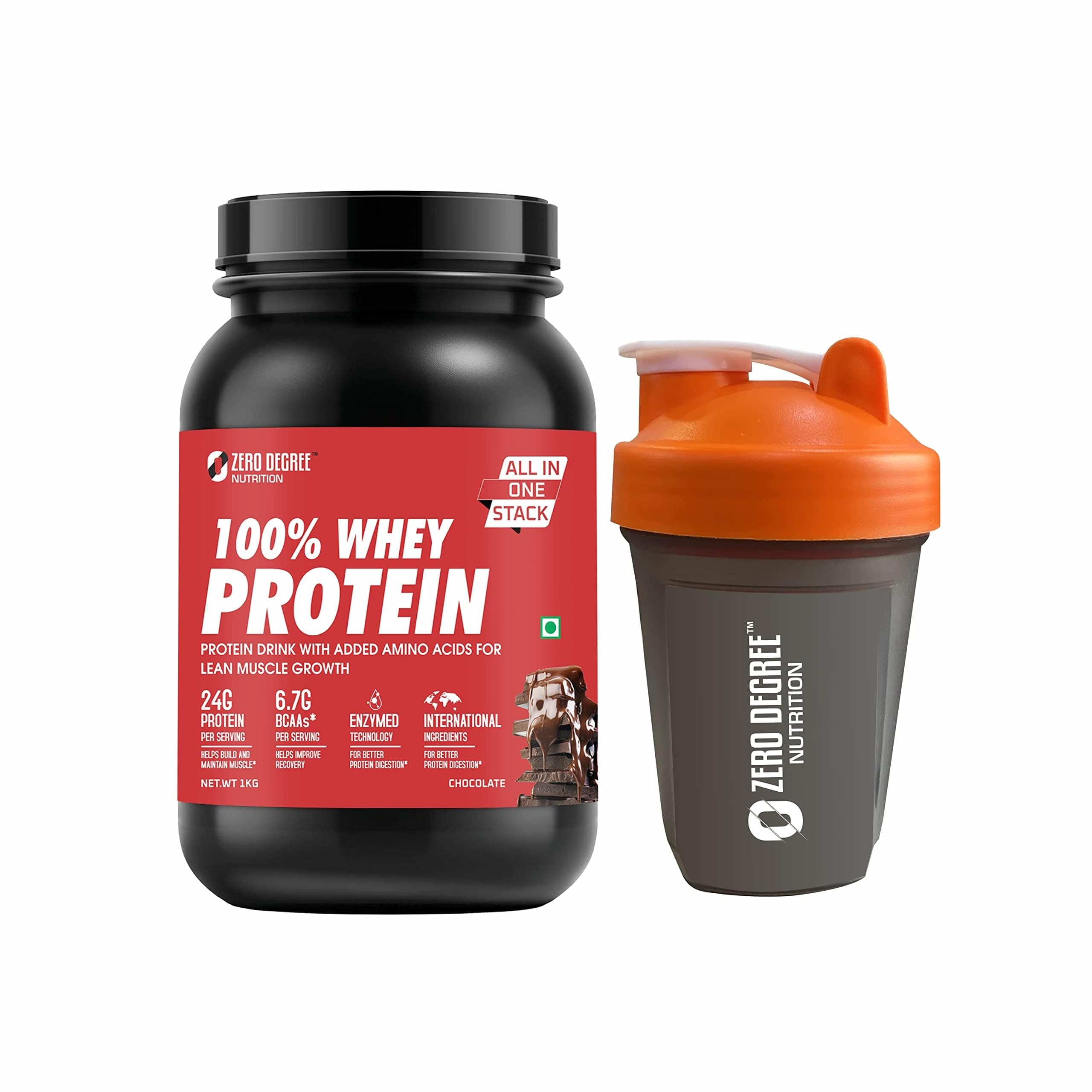 Zero Degree Whey Protein Supplement - 100% Whey Protein | Post Workout Whey Protein Isolate - 24g Protein, 6.7g BCAA, Glutamine & L-Arginine for Fast Recovery & Lean Muscle | Mass Gainer Protein Powder | Protein Powder for Muscle's Gain & Muscle Builder for Men and Women [Chocolate, 1 Kg] Free Shaker