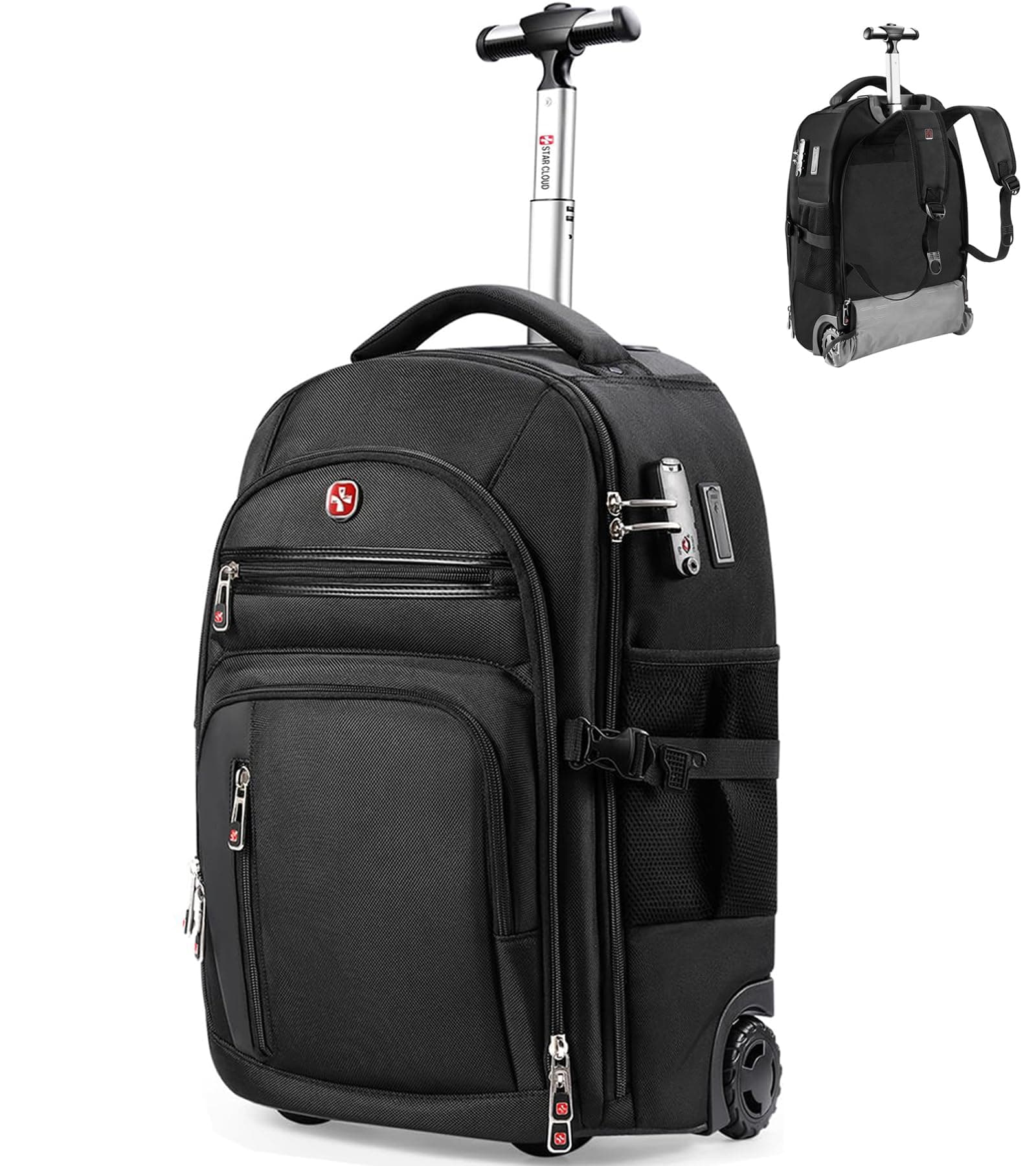 star cloud Rolling Backpack with Wheels, USB & Type-C Charging Ports, 21x14x9, Black, 17.3 INCH, Travel Backpacks