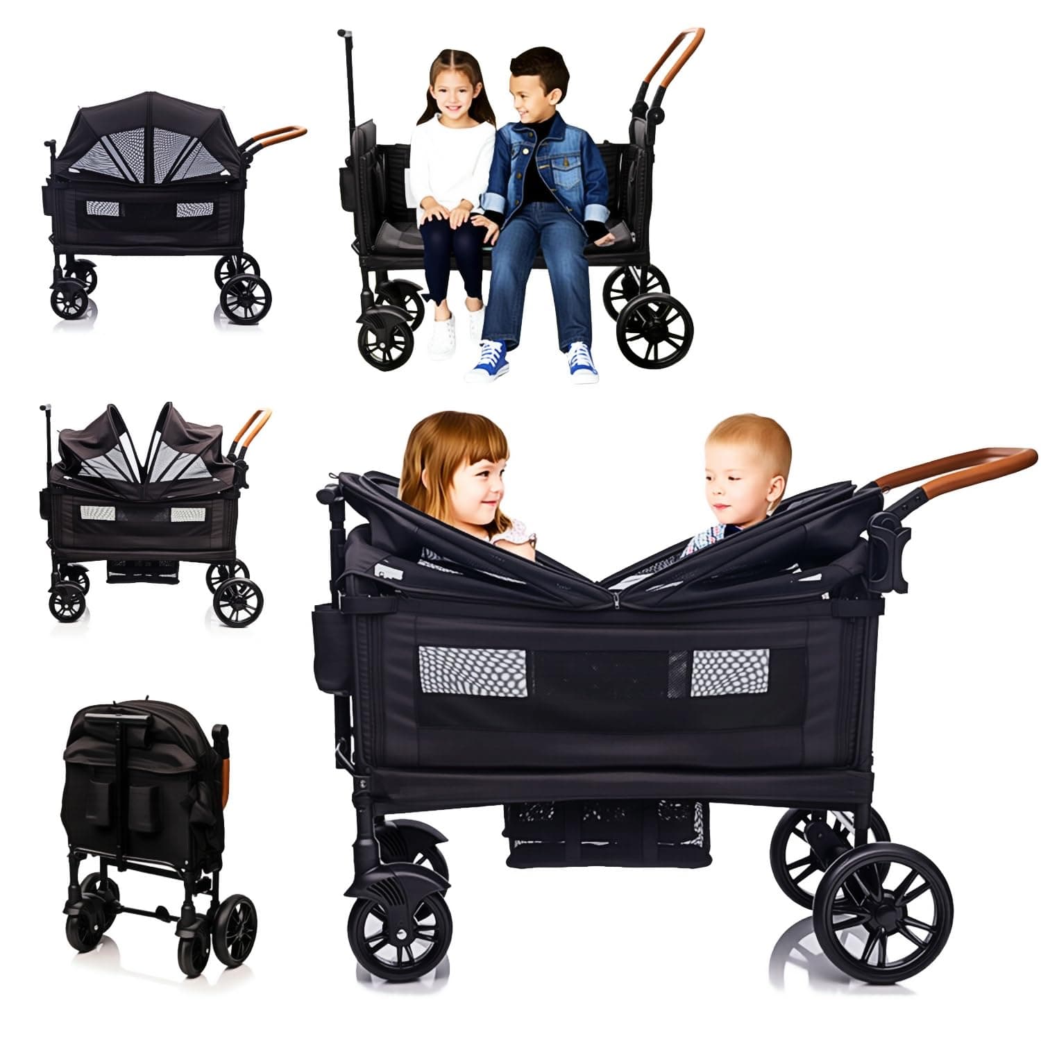 Luxury Wagon Stroller for 2 Kids & Cargo-Lightweight Foldable Travel Push Pull All-Terrain Double Wagon for Newborn&Toddler with 5-Point Harness,Adjustable Handle, Canopy,Tray Table,Cup Holder