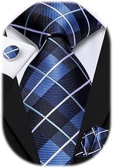 Mens Plaid Ties Classic Paisley Necktie with Handkerchief Cufflinks Set Business Stripe Tie