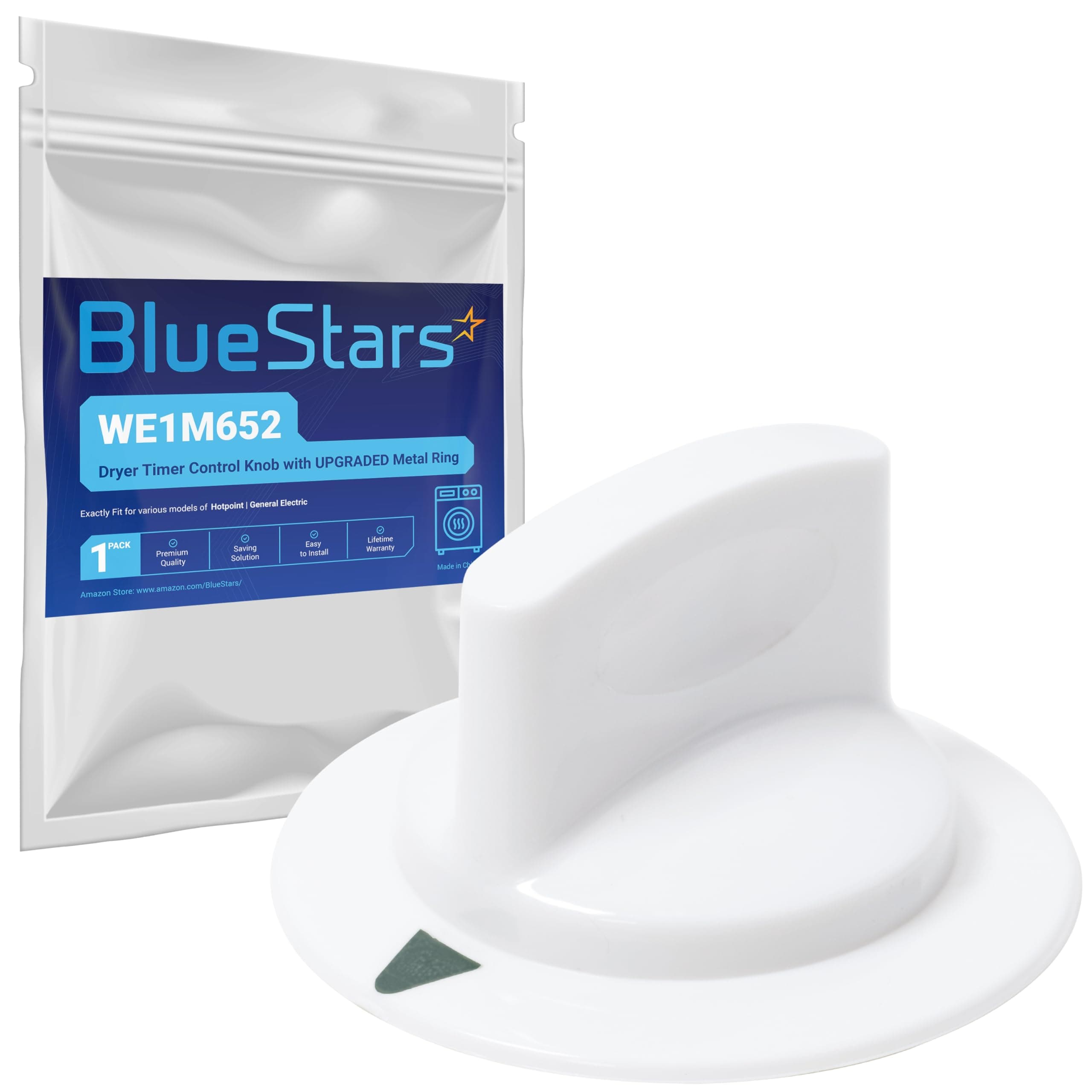BlueStars WE1M652 Dryer Timer Control Knob with Upgraded Metal Ring - Compatible with Hotpoint HTDX100EM8WW HTDX100ED6WW HTDX100EM6WW HTDX100GM8WW HTDX100ED2WW GE Dryers 1264289 AP3995164 PS1482196