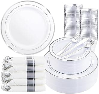 350Piece Silver Plastic Dinnerware Set for 50 Guests - Silver Plastic Plates with Cutlery Include:50Dinner Plates-50Dessert Plates-50Pre Rolled Napkins with Silverware Valentine's Day