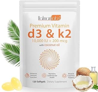 Vitamin D3 K2 Supplement Softgel, Vitamin D3 K2 Softgel with 10000 IU Supports Immune, Teeth Health, Free of GMO, Gluten, Soy, 120 Softgels