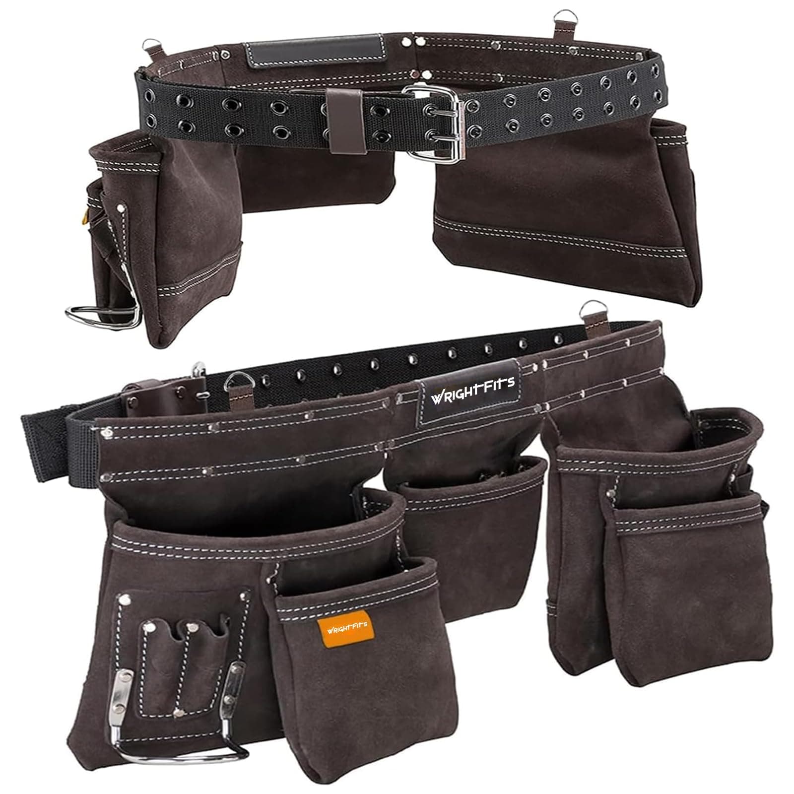 Leather Tool Belt for Men – 9 Pocket Heavy Duty Tool Pouch Apron, Double-Stitched Work Belt with Adjustable Waist & Hammer Loop for Electricians, Carpenters & Construction