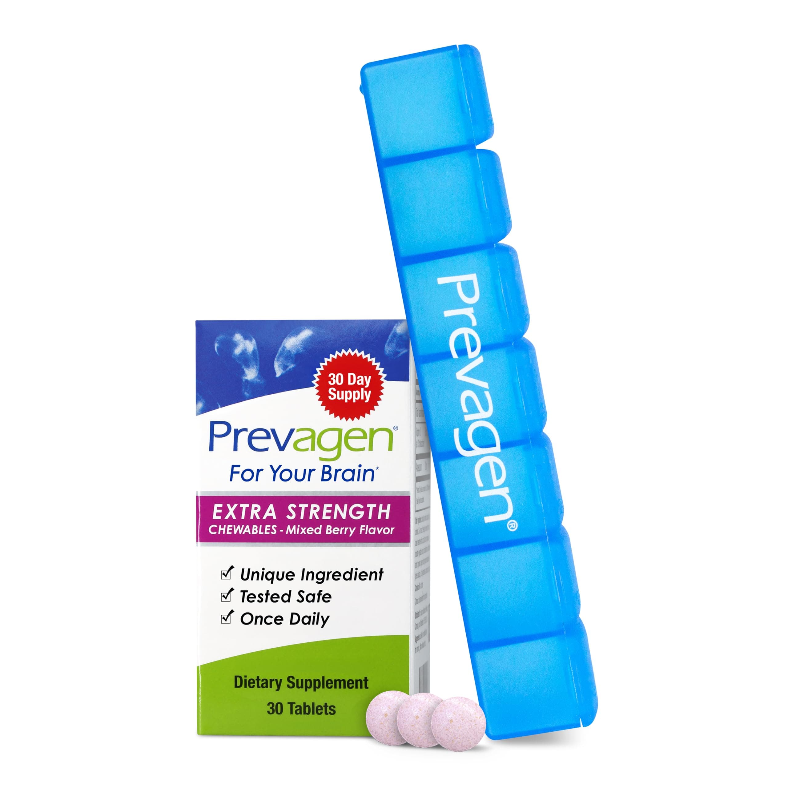 Prevagen Extra Strength Mixed Berry Chewables - 30 Tablets (1 Month Supply) | Formulated for Your Brain | 20mg of Apoaequorin Plus Vitamin D3 with 7-Day Pill Minder