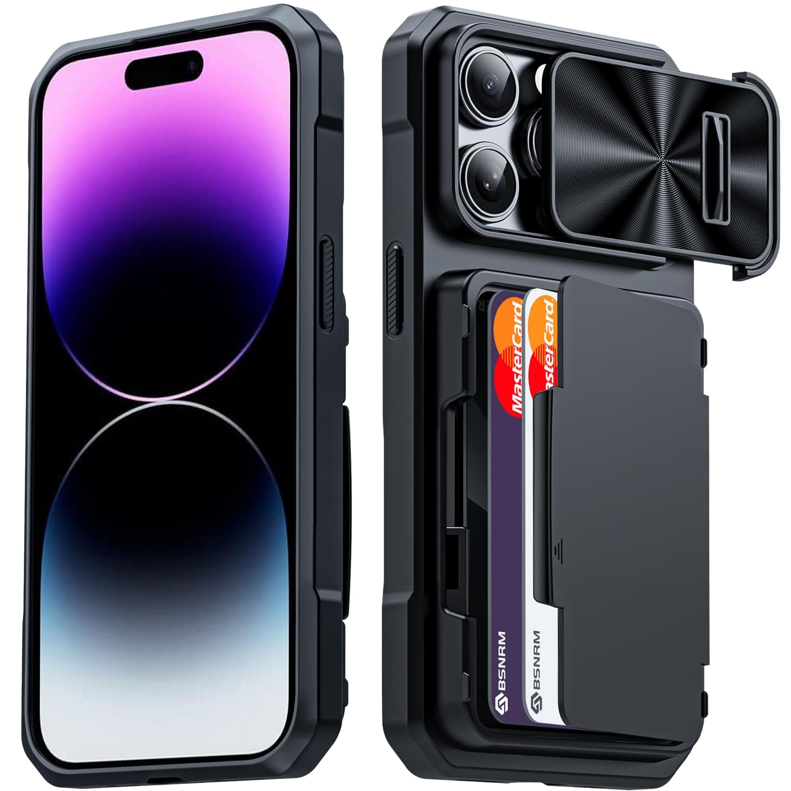 for iPhone 14 Pro Case Wallet, Hidden Card Holder (4 Cards), Pop-up Camera Cover, Military Grade Protection, Durable Kickstand Heavy Duty Men Women Shockproof Case for iPhone 14 Pro, Black
