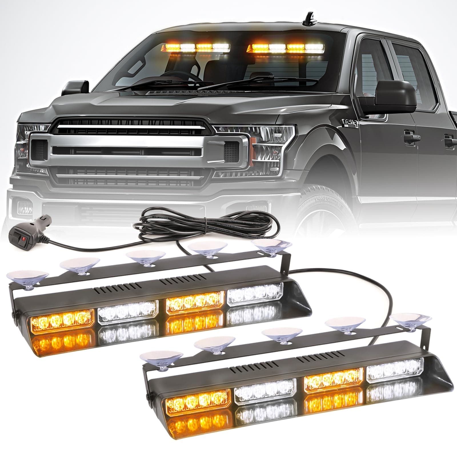 2 in 1 LED Emergency Dash Strobe Light Bar Front/Rear Windshield Safety Flashing Warning Hazard Interior Lights for Police Firefighter Construction Vehicles Trucks (2x14 inch, Amber/White)