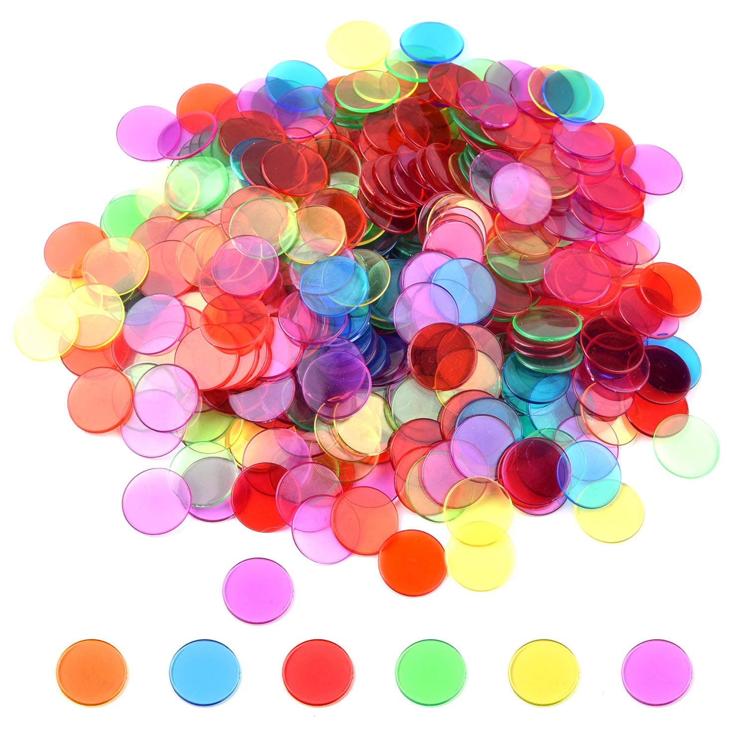 300 Pieces Counters Counting Chips Plastic Markers Mixed Transparent Colors for Bingo Chips Game Tokens, Contain White, Blue, Green, Yellow, Red, Purple Colors