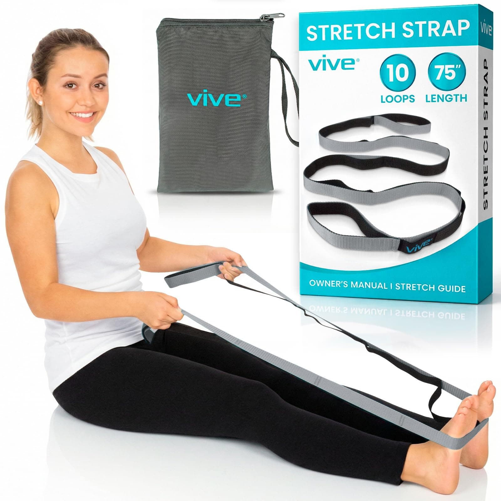 Stretch Strap (75" - 10 Loops) - Leg Stretch Band to Improve Flexibility - Stretching Out Yoga Strap - Exercise and Physical Therapy Belt for Rehab, Pilates and Gymnastics with Guide Book